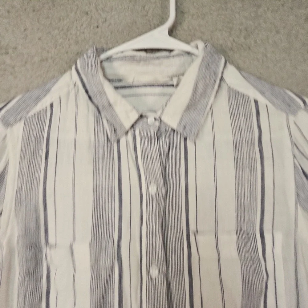 Athleta Shirt Womens XS White 100% Linen Striped Roll Tab L/S Top Coastal Beach‎